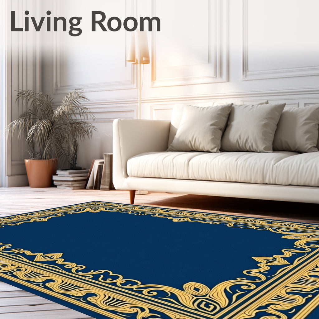 Elegant Navy Blue Golden Scroll Frame Rug