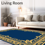 Elegant Navy Blue Golden Scroll Frame Rug