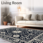 Cream Floral Medallion Navy Rug