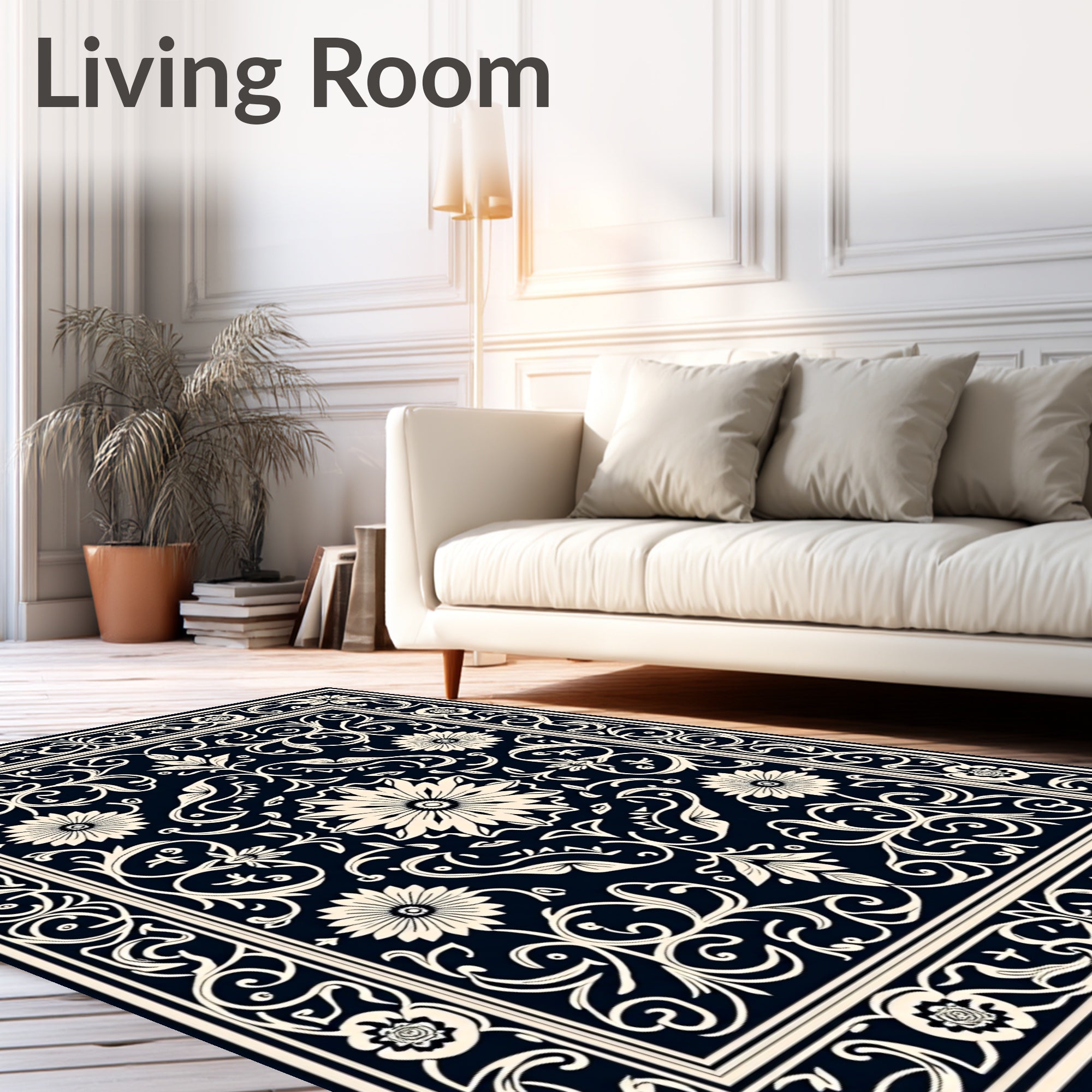 Cream Floral Medallion Navy Rug