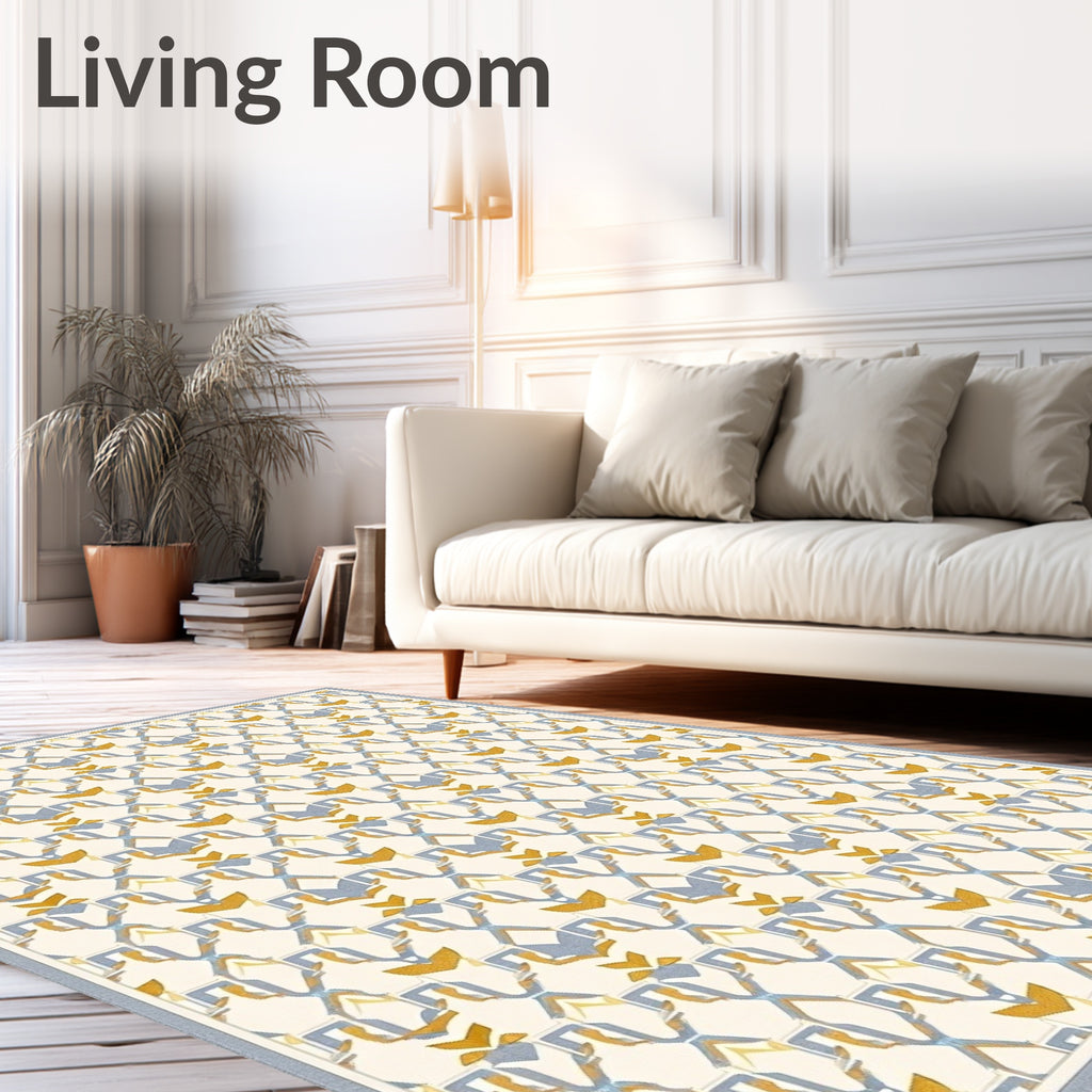Cream Blue Gold Art Deco Lattice Rug