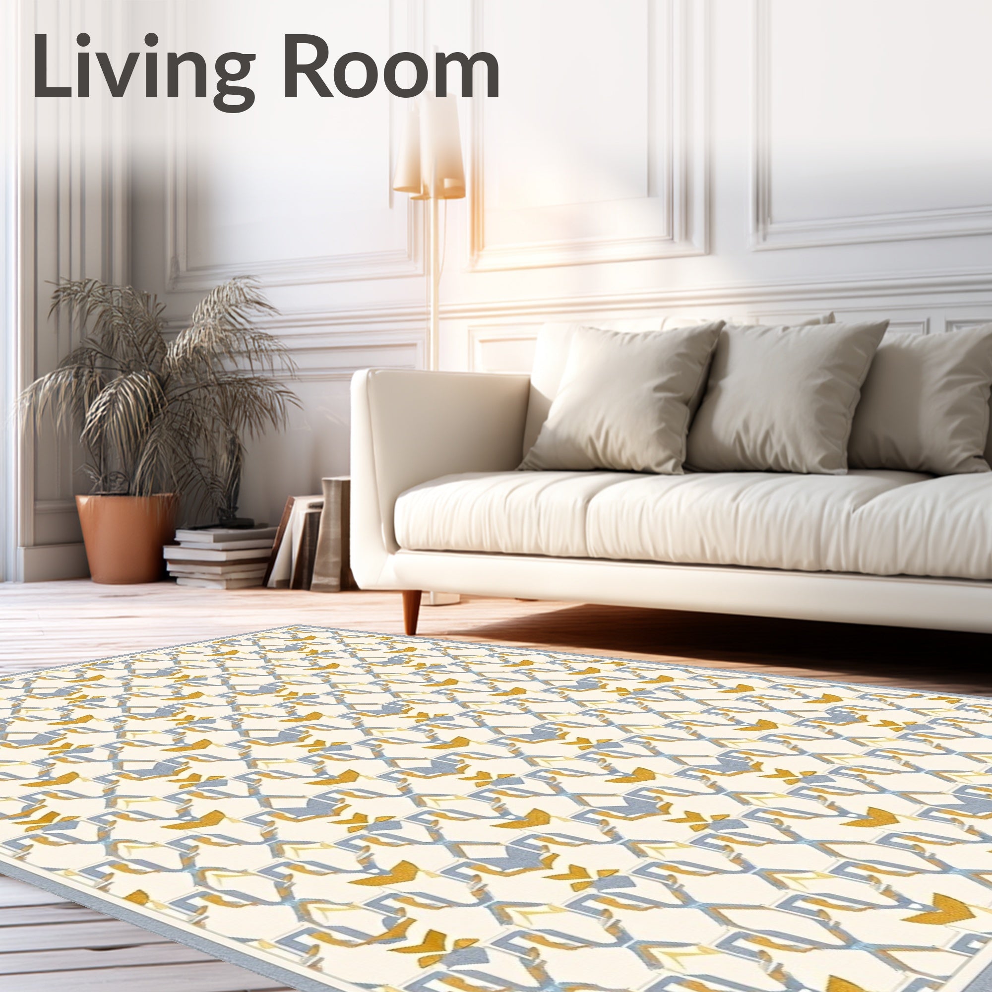 Cream Blue Gold Art Deco Lattice Rug