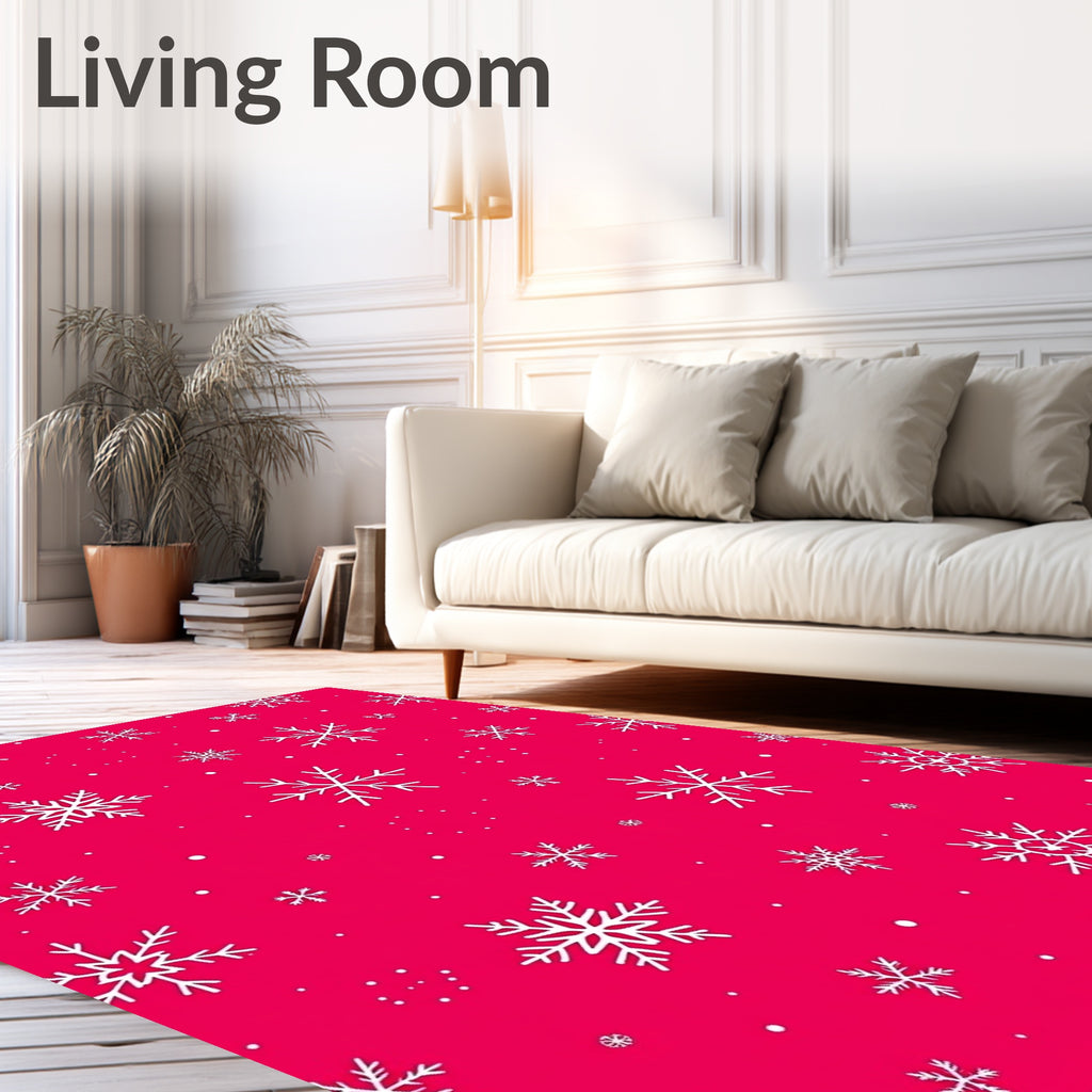 Crimson White Snowflakes Falling Fabric Rug