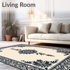 Black Floral Medallion Ivory Border Rug