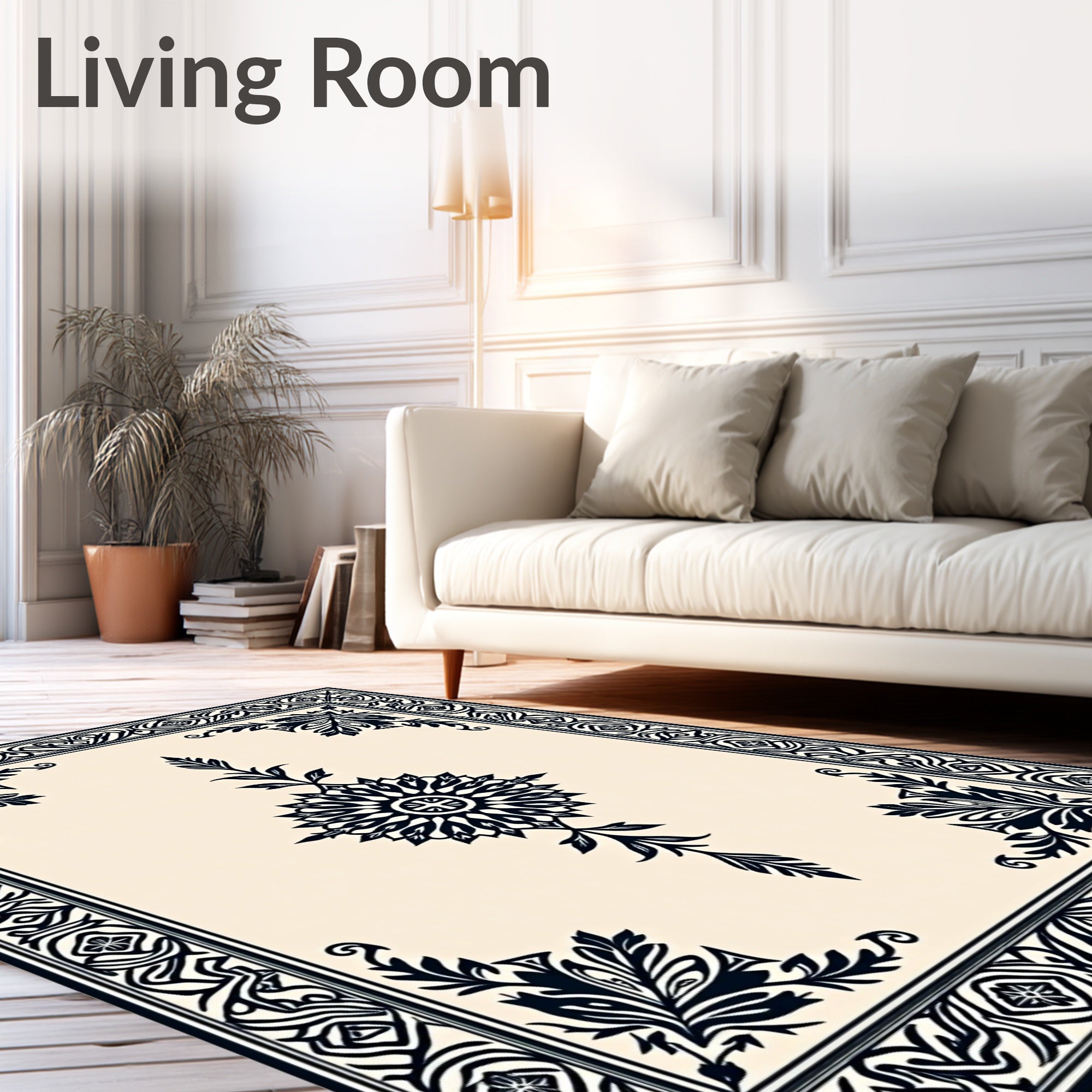 Black Floral Medallion Ivory Border Rug