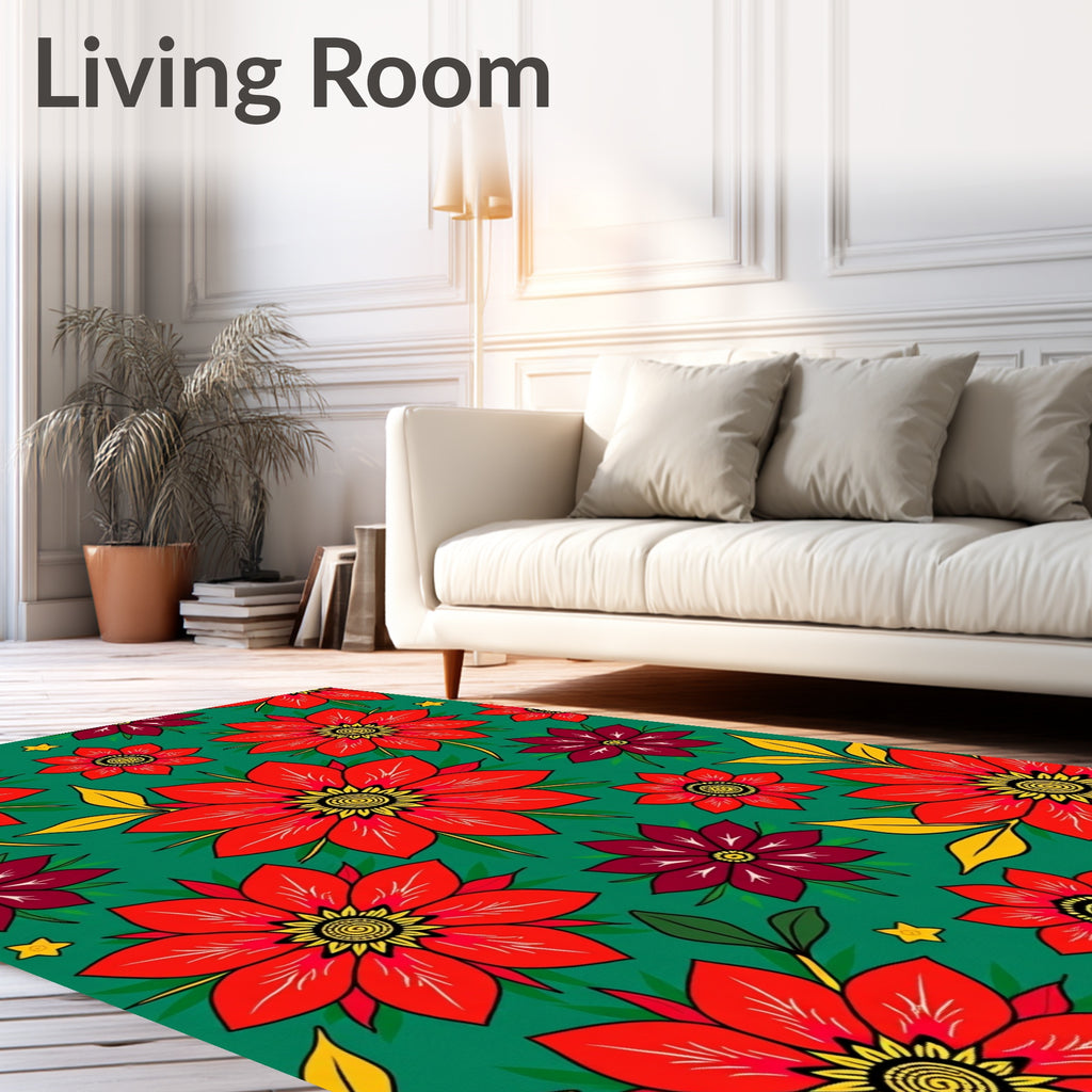Vibrant Red Floral Explosion Emerald Background Rug