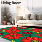 Vibrant Red Floral Explosion Emerald Background Rug