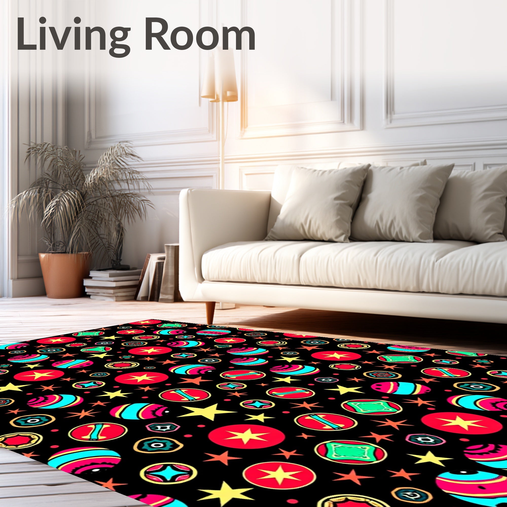 Whimsical Red Blue Star Ball Collage Rug