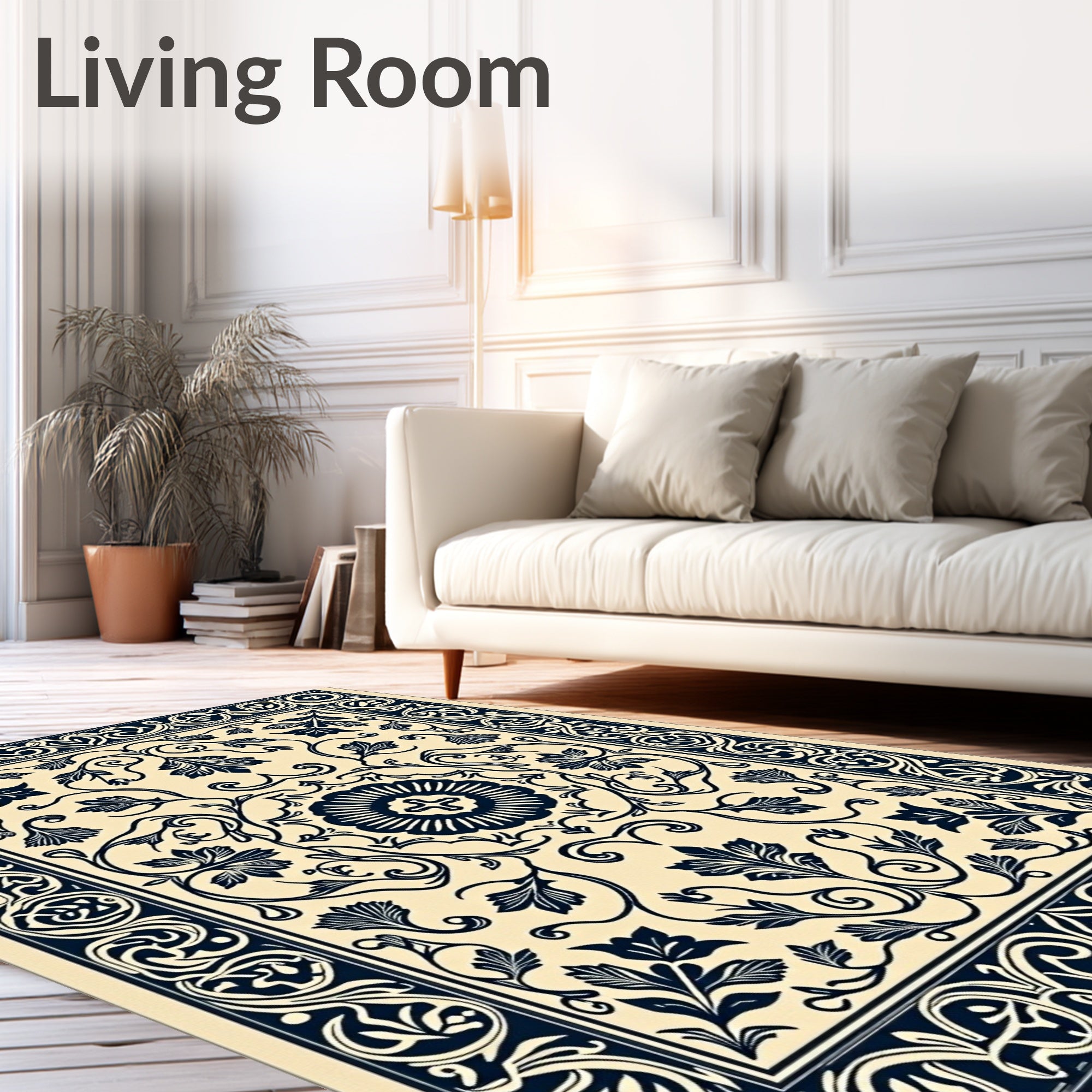 Vintage Navy Floral Bordered Rug