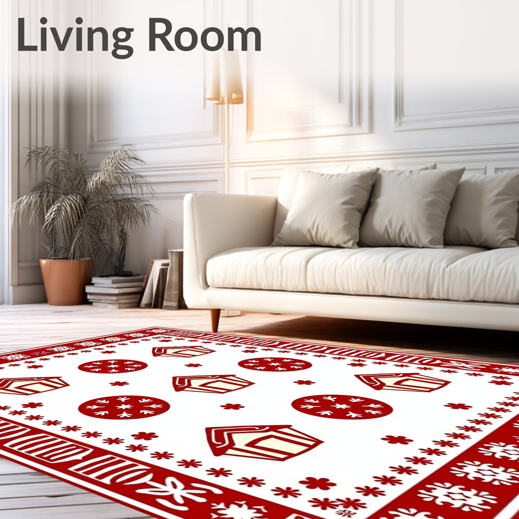 Red Gingerbread House Snowflake Border Rug