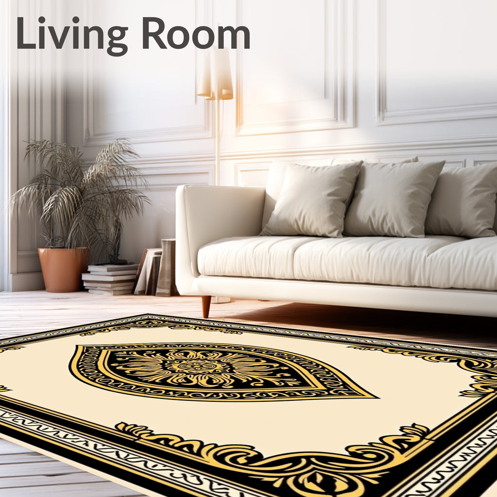 Elaborate Gold Leaf Scrollwork Border Rug