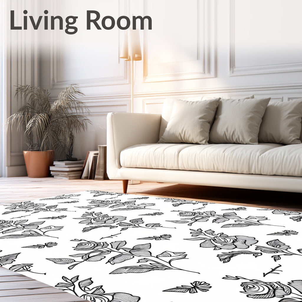 Classic Black White Rose Butterfly Garden Rug