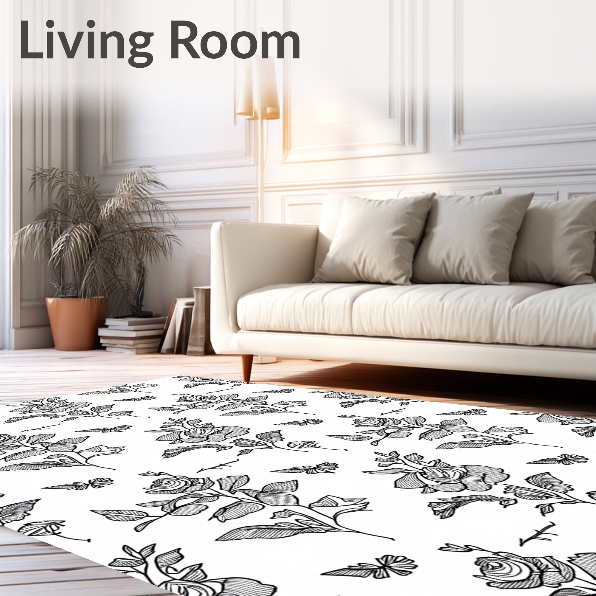 Classic Black White Rose Butterfly Garden Rug