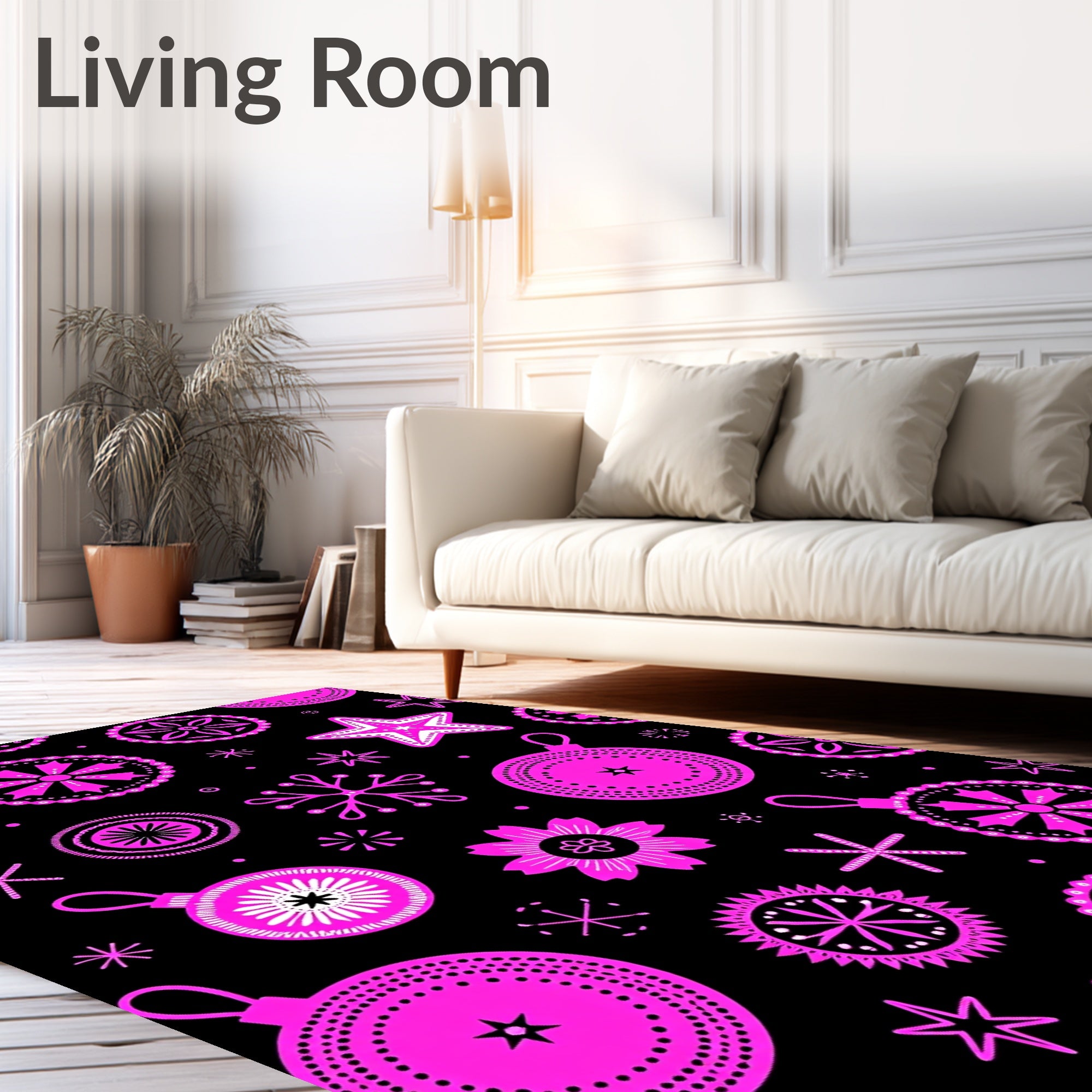 Bright Pink Festive Ornaments Black Rug