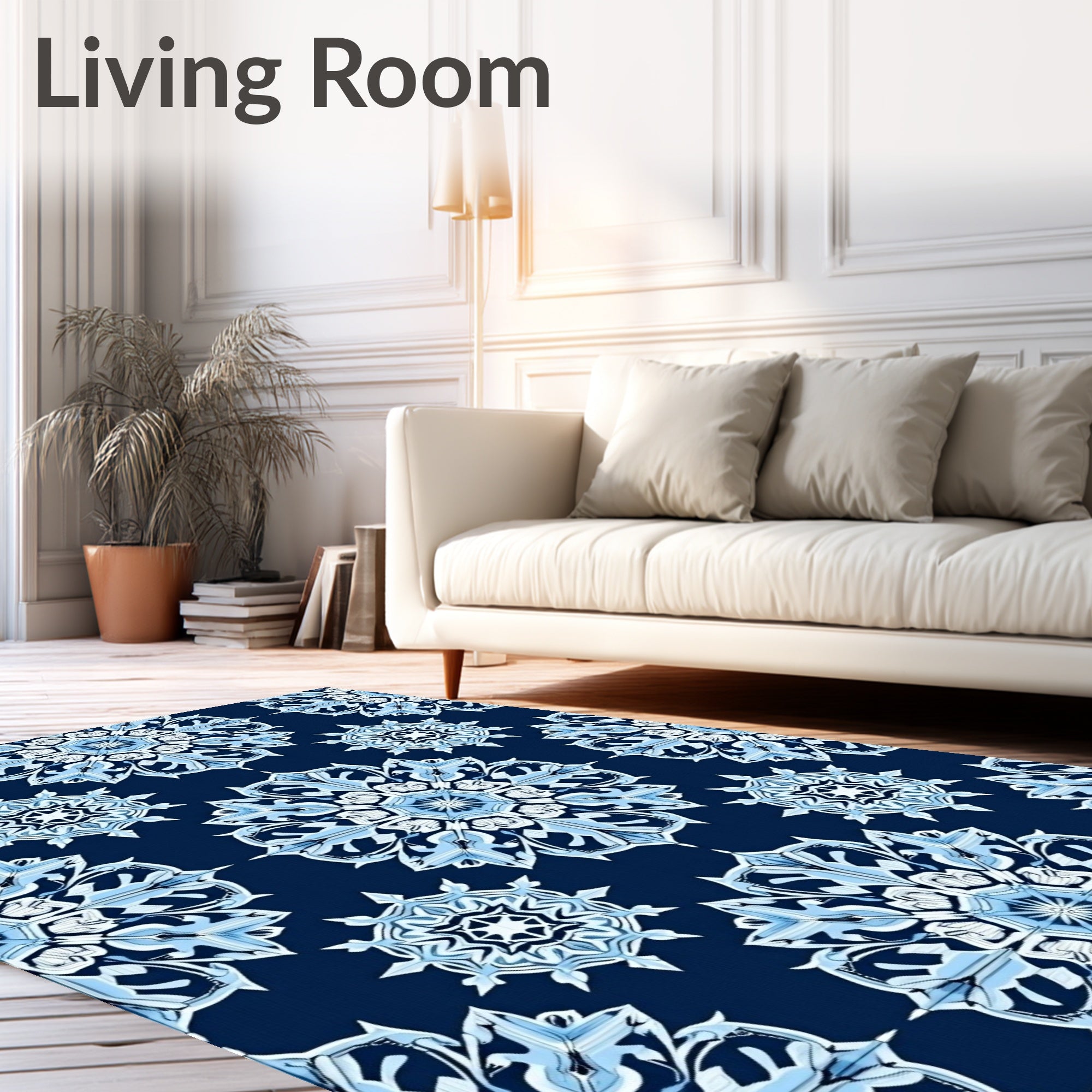 Navy Blue White Snowflake Medallion Rug