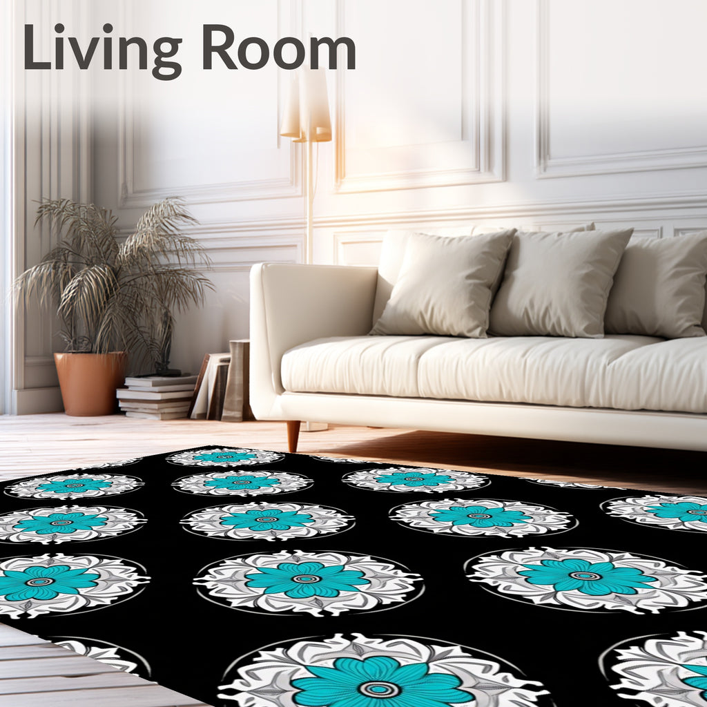 Black Turquoise Floral Medallion Rug