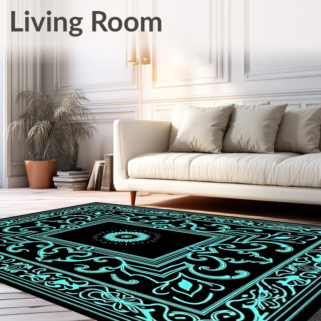 Black Cyan Floral Medallion Border Rug