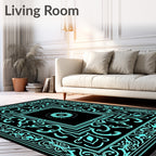 Black Cyan Floral Medallion Border Rug