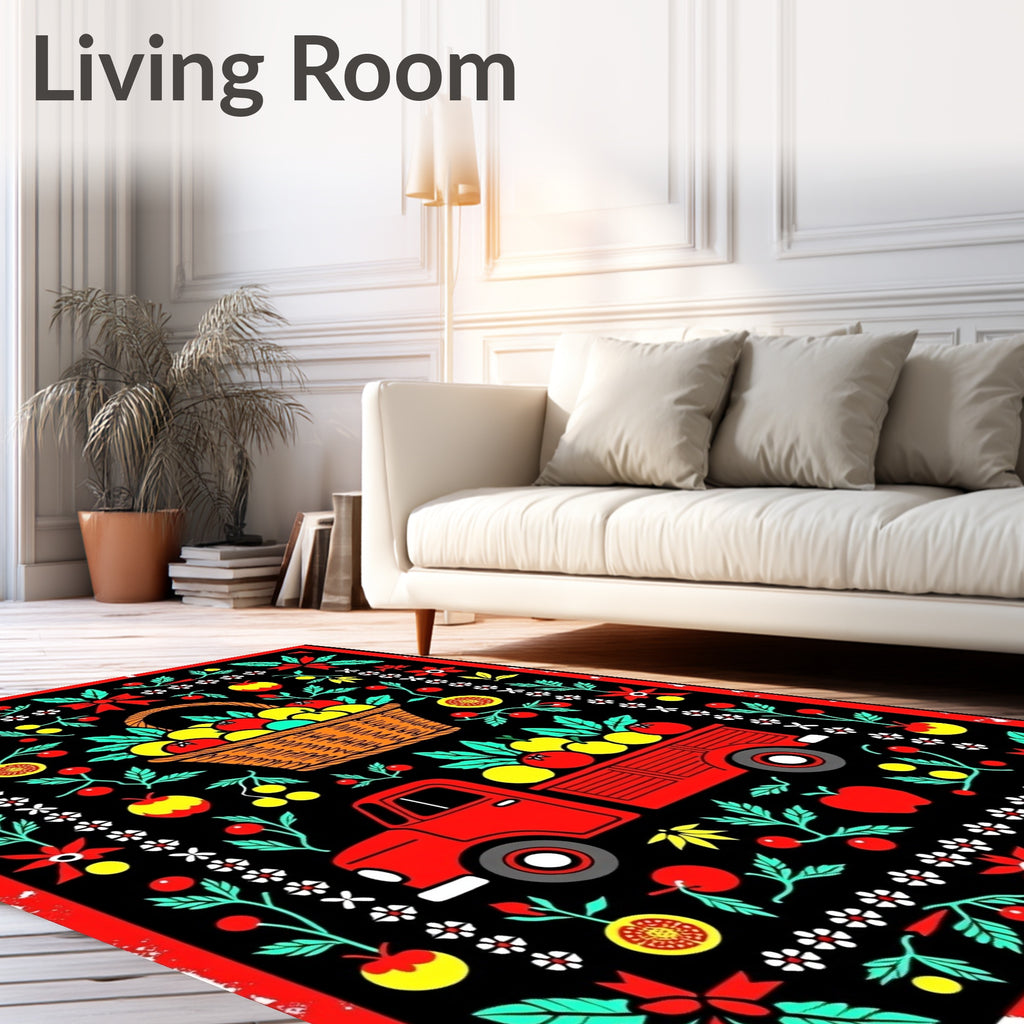 Red Truck Harvest Fruit Floral Border Rug