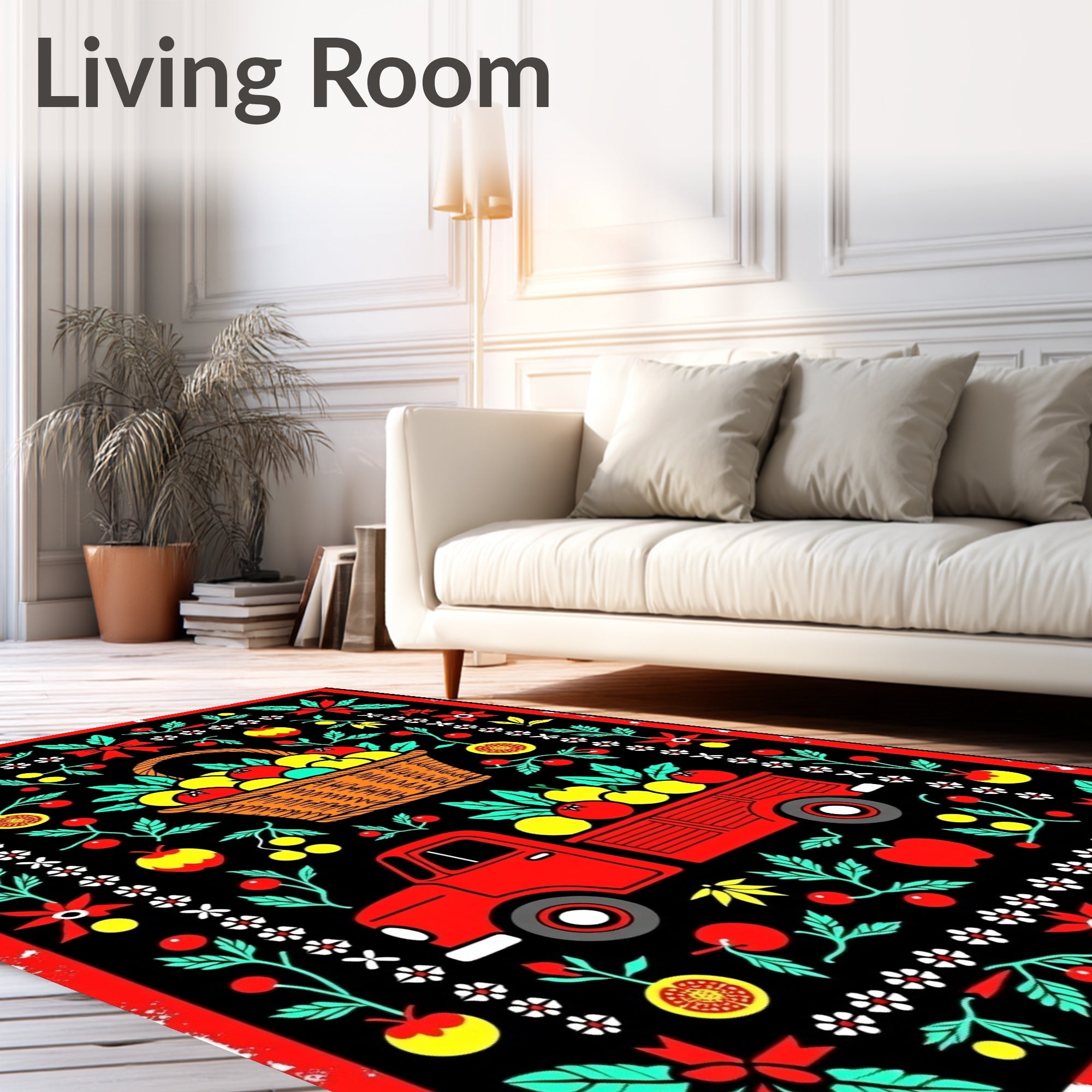 Red Truck Harvest Fruit Floral Border Rug