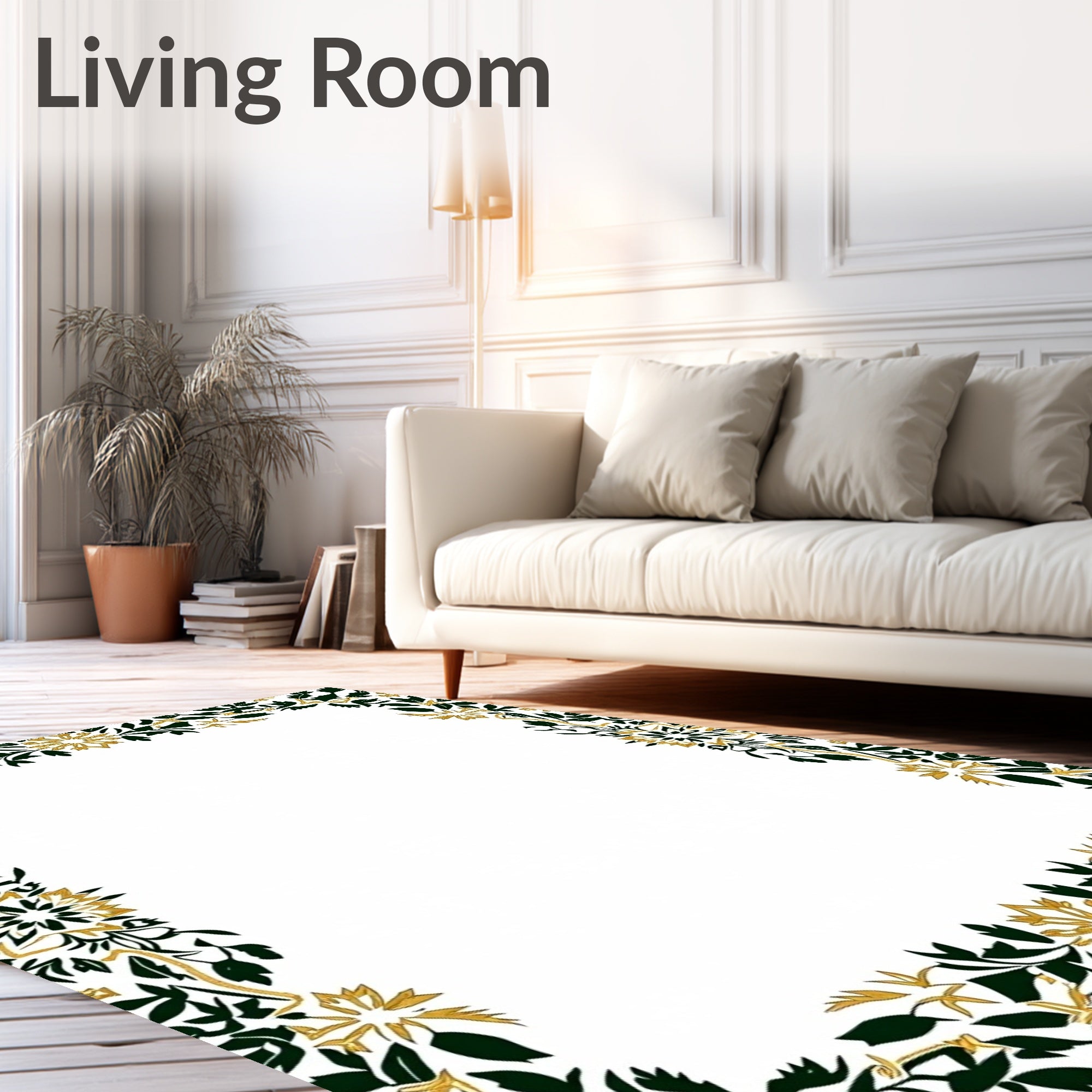 Dark Green Gold Leaf Border Rug