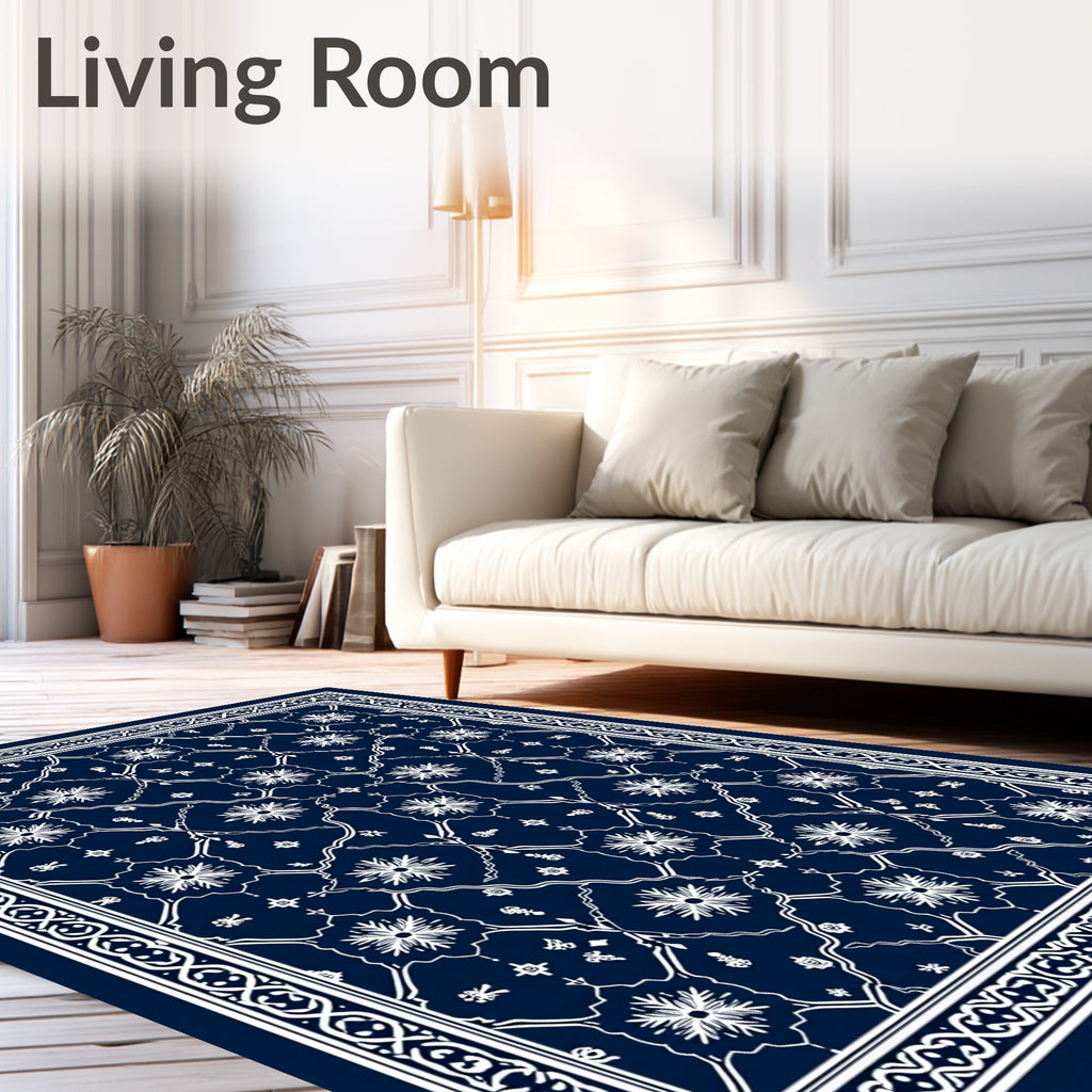 Deep Blue White Floral Medallion Border Rug