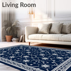 Deep Blue White Floral Medallion Border Rug