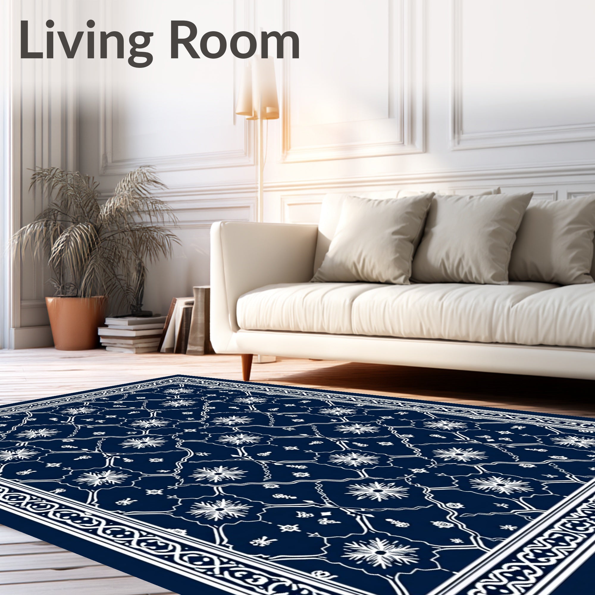 Deep Blue White Floral Medallion Border Rug