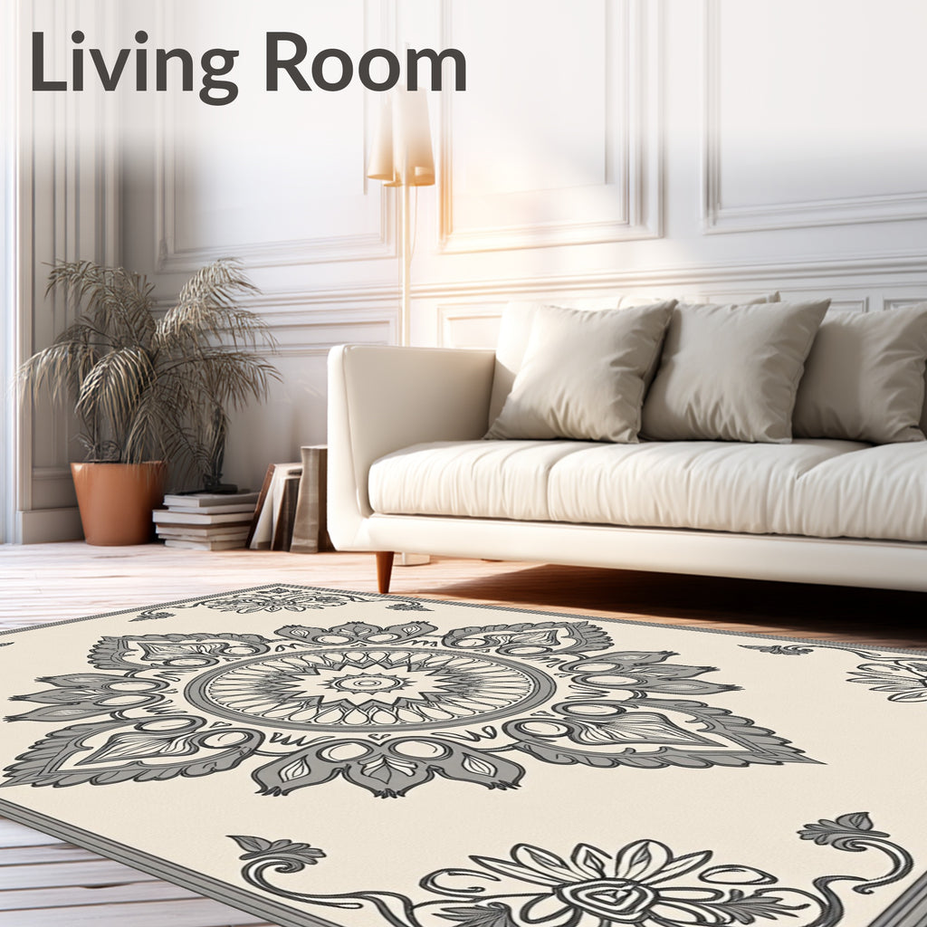 Ornate Grey Floral Mandala Border Rug