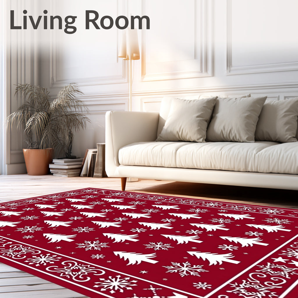 Red Evergreen Snow Flurry Border Rug