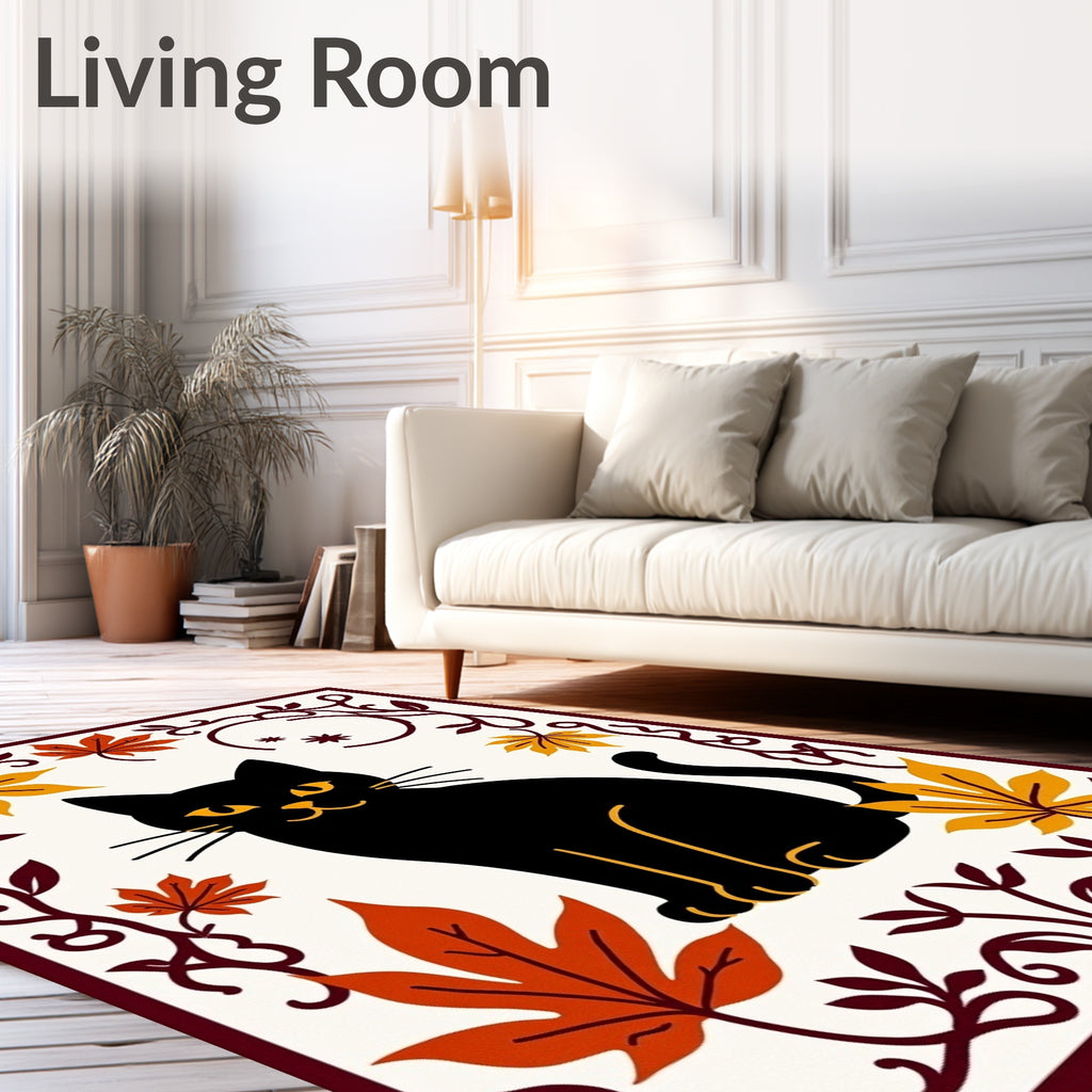Black Cat Autumn Leaf Border Rug