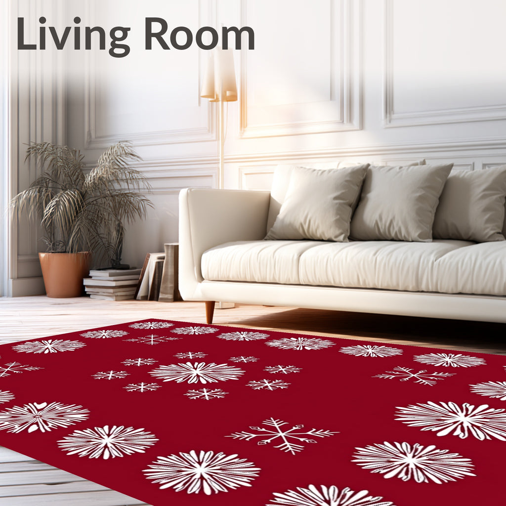 Crisp White Snowflake Scatter Red Rug