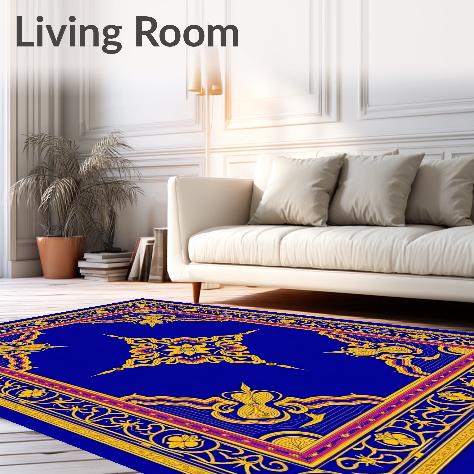 Vibrant Royal Blue Gold Floral Medallion Rug