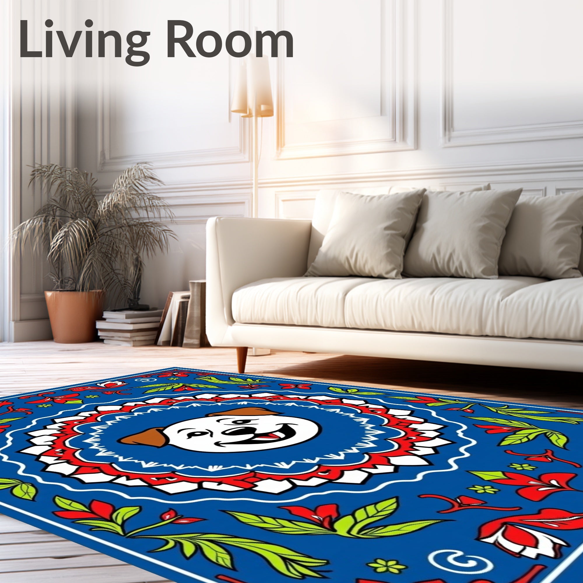 Joyful Blue White Red Floral Dog Face Rug