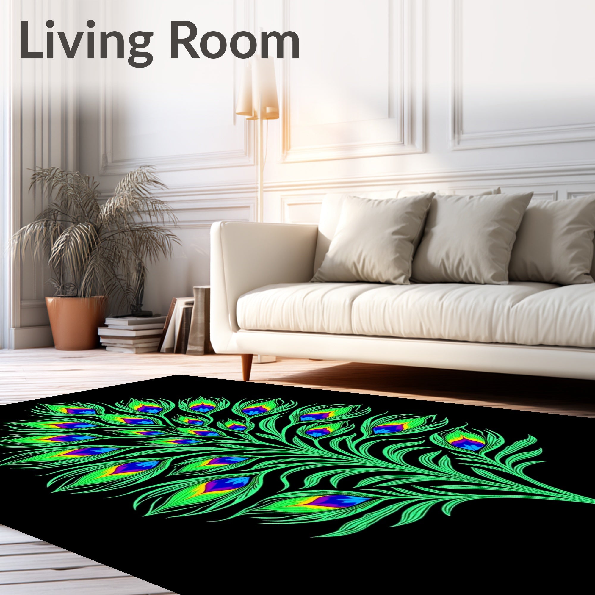 Vibrant Emerald Peacock Feather Bloom Rug