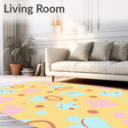 Whimsical Pink Blue Shapes Yellow Rug