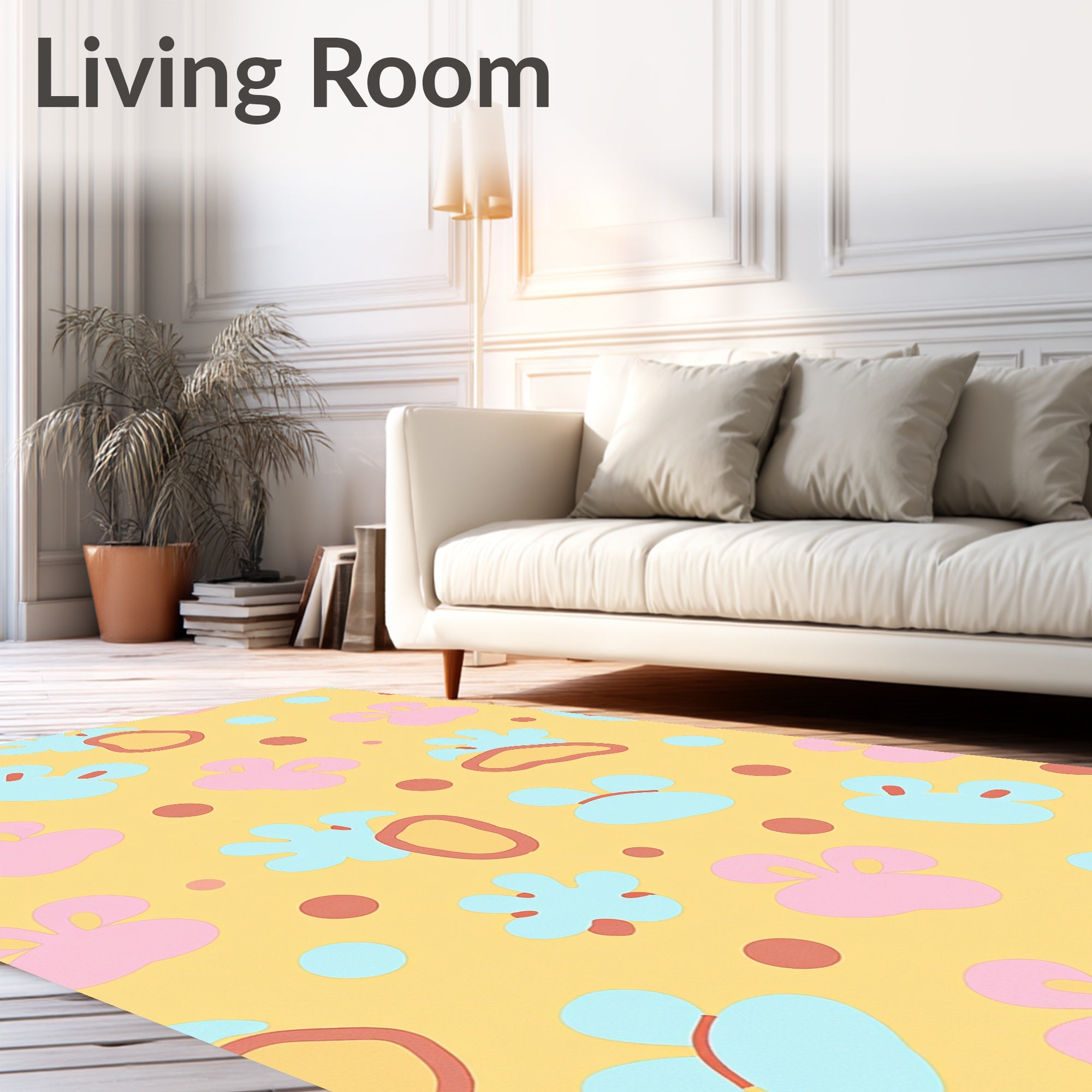 Whimsical Pink Blue Shapes Yellow Rug