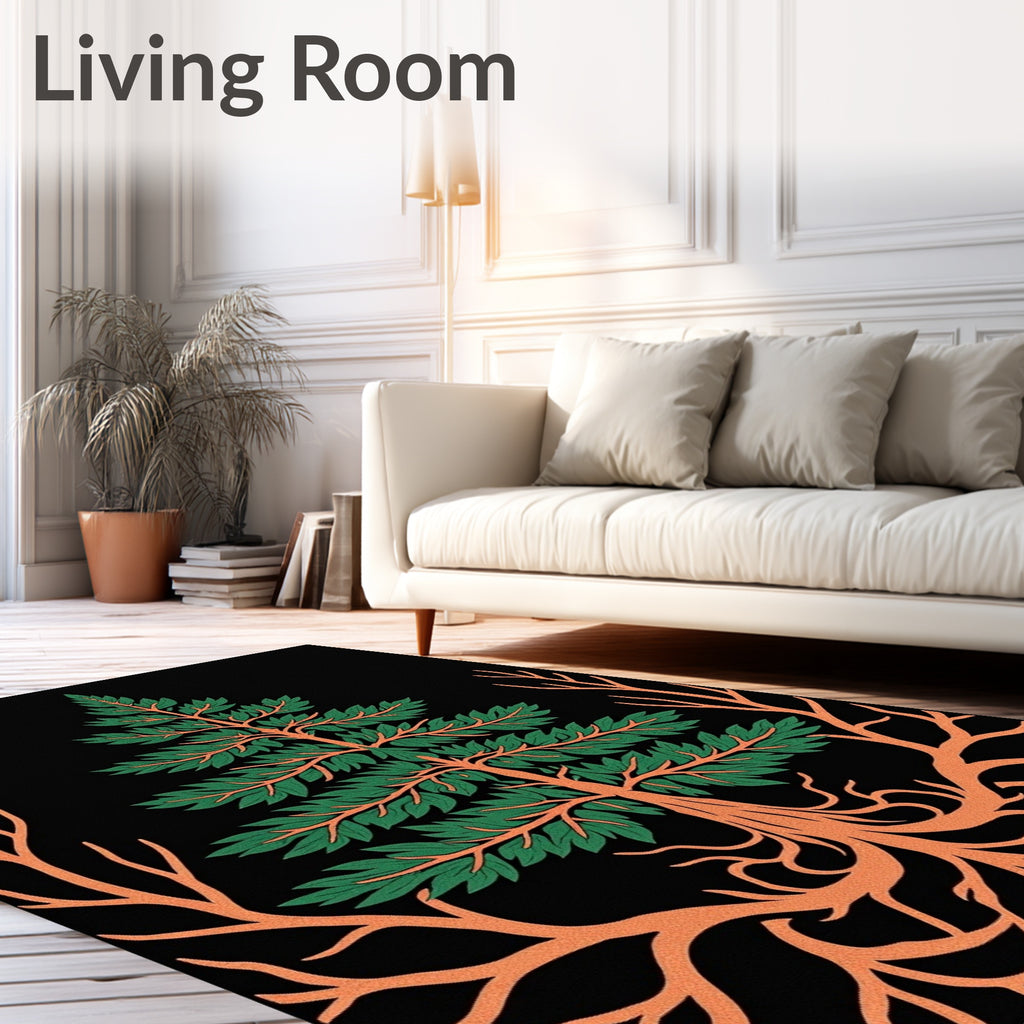 Green Tree Rooted Black Background Art Rug