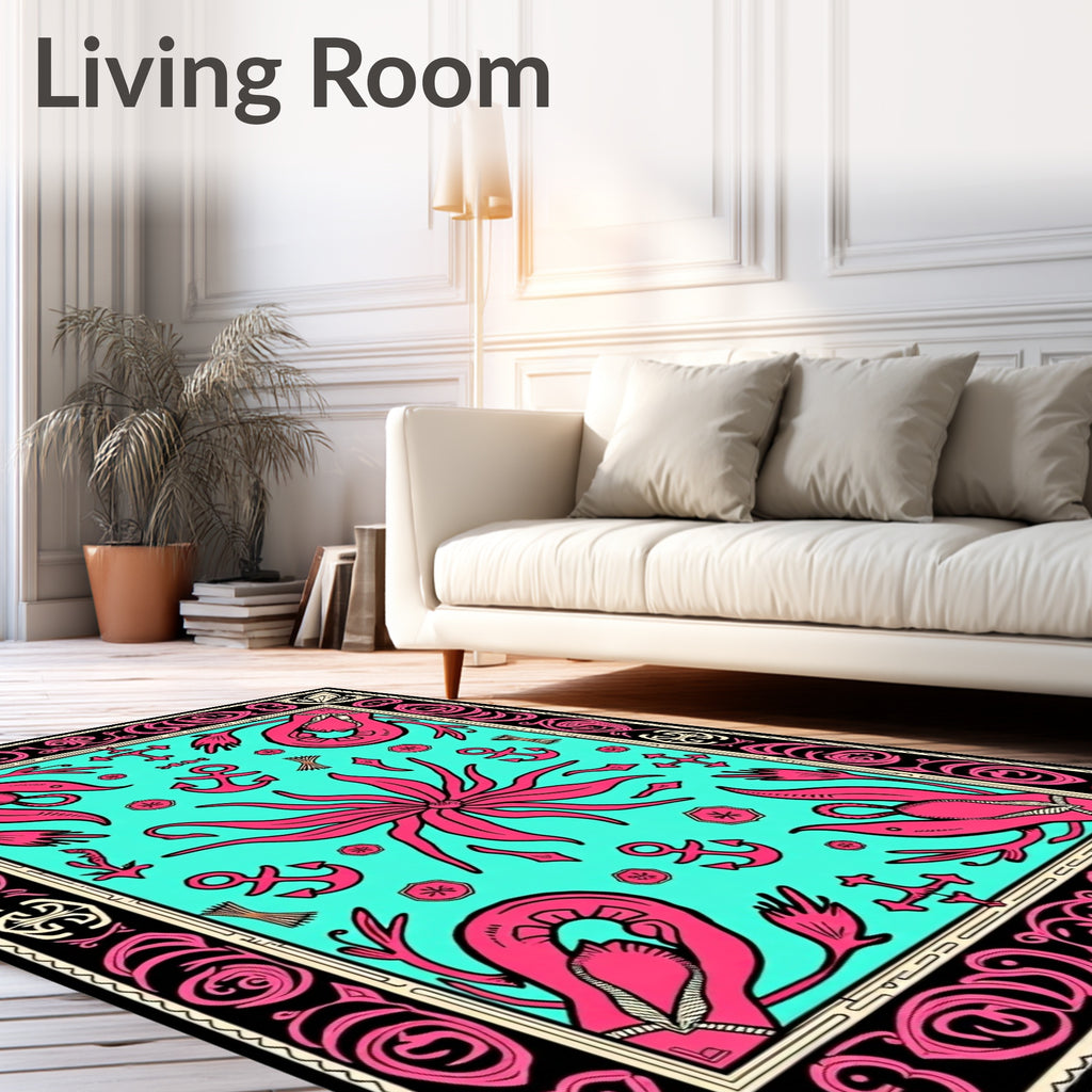 Pink Squid Turquoise Nautical Border Rug