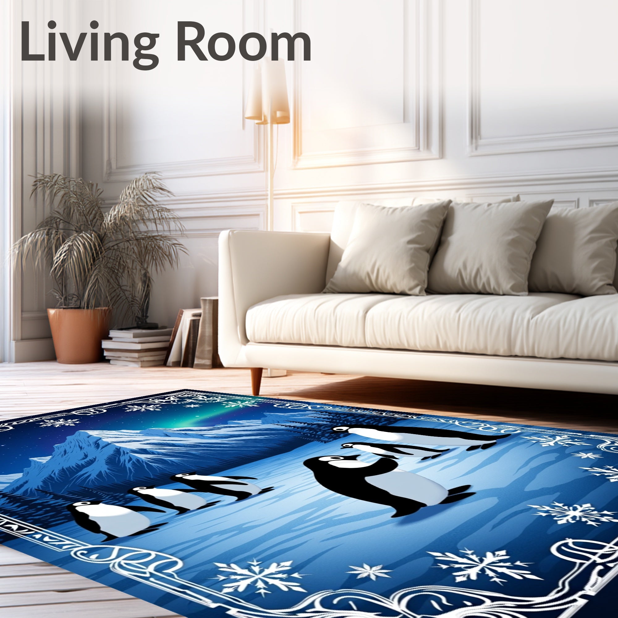 Winter Penguins Aurora Mountain Scene Rug
