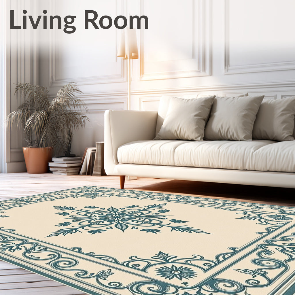Elegant Teal Floral Scroll Frame Rug