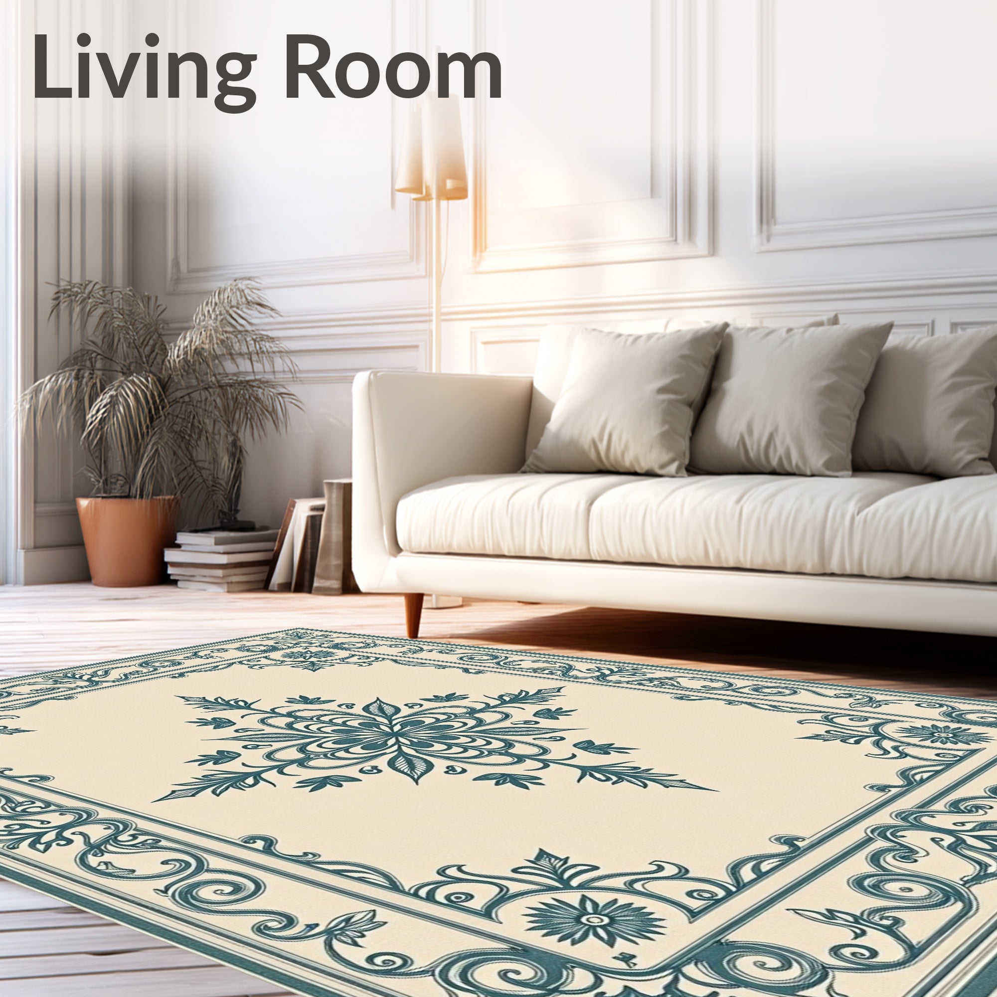 Elegant Teal Floral Scroll Frame Rug