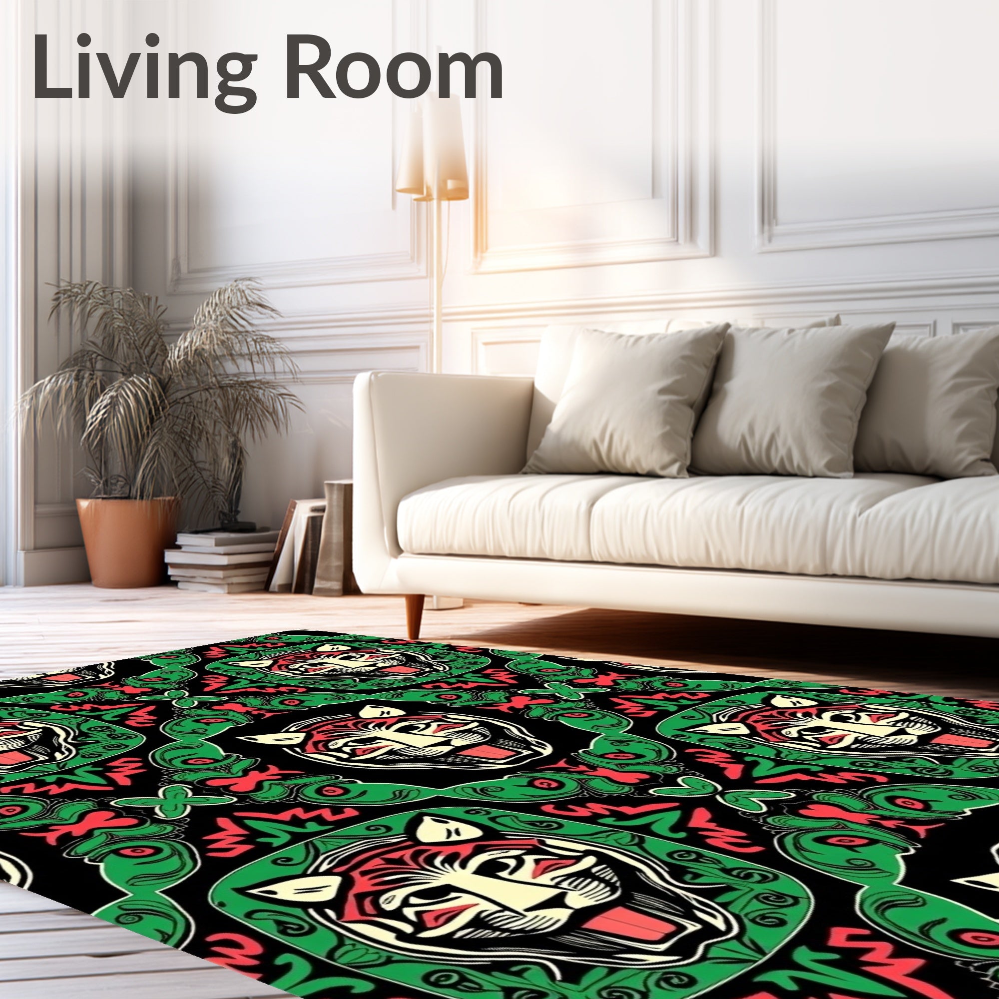 Bold Red Tiger Face Green Frame Rug