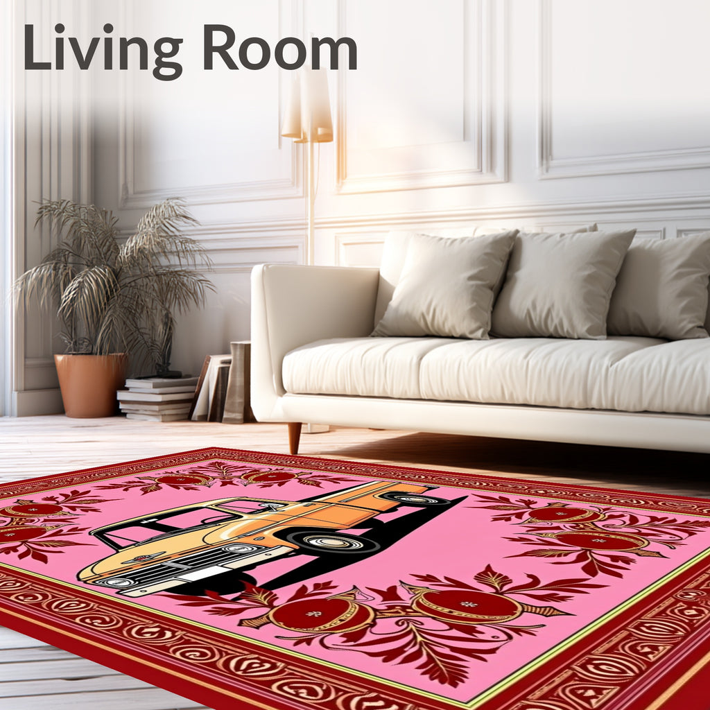 Retro Orange Truck Pomegranate Border Rug