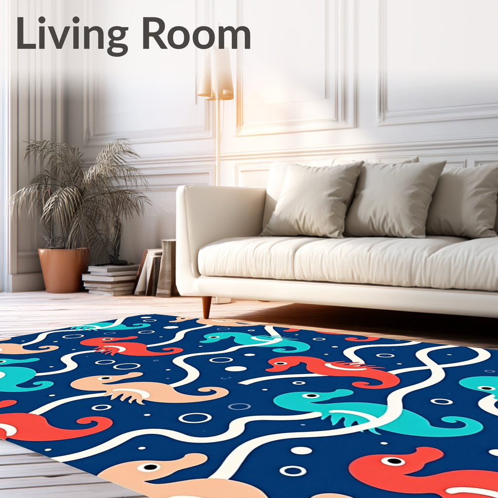 Playful Coral Teal Peach Seahorse Waters Rug