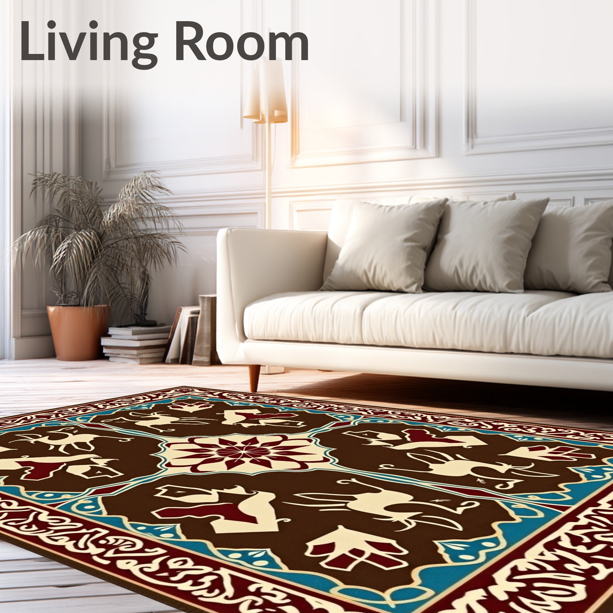 Brown Cream Crimson Deer Medallion Border Rug