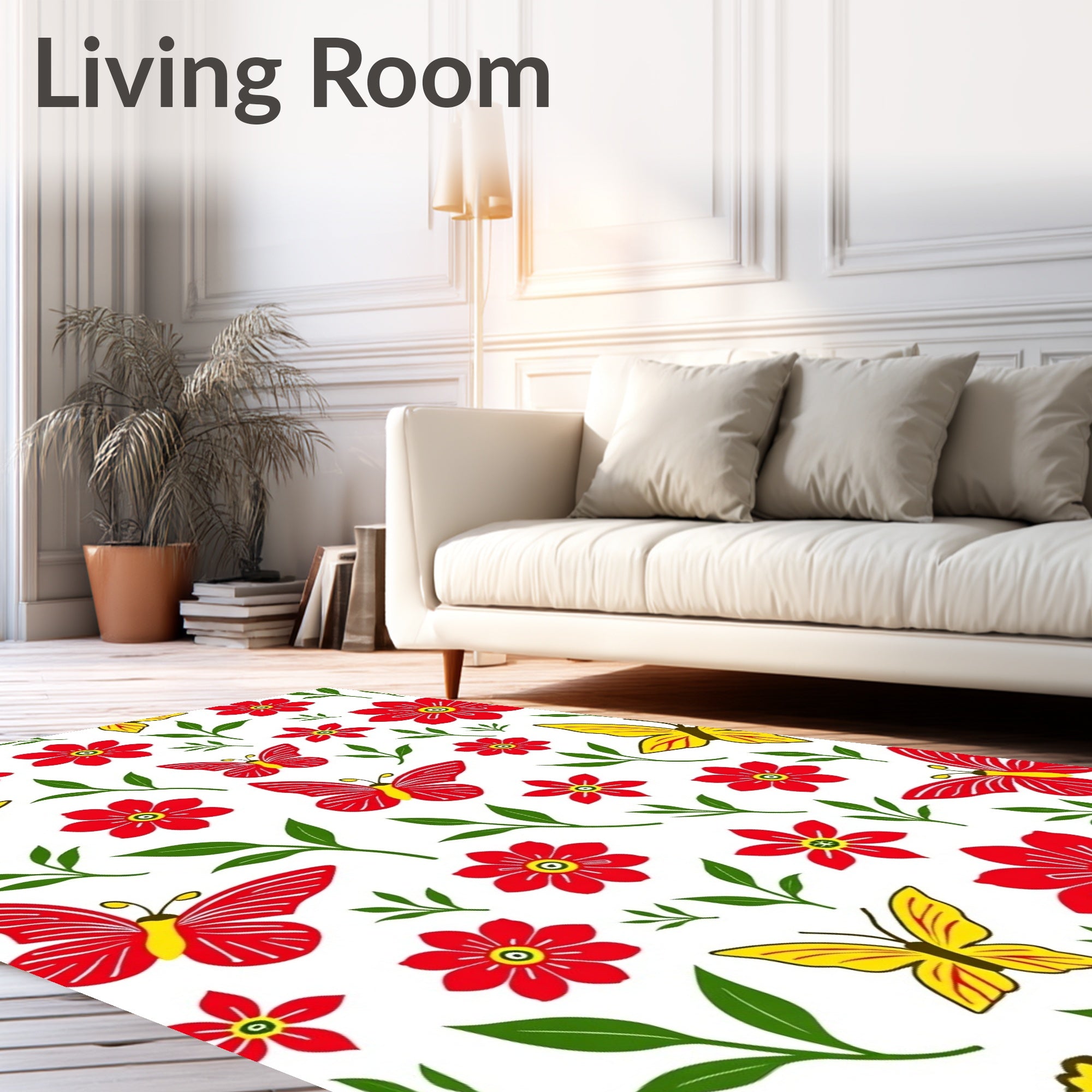 Red Yellow Butterfly Floral Whimsy Rug