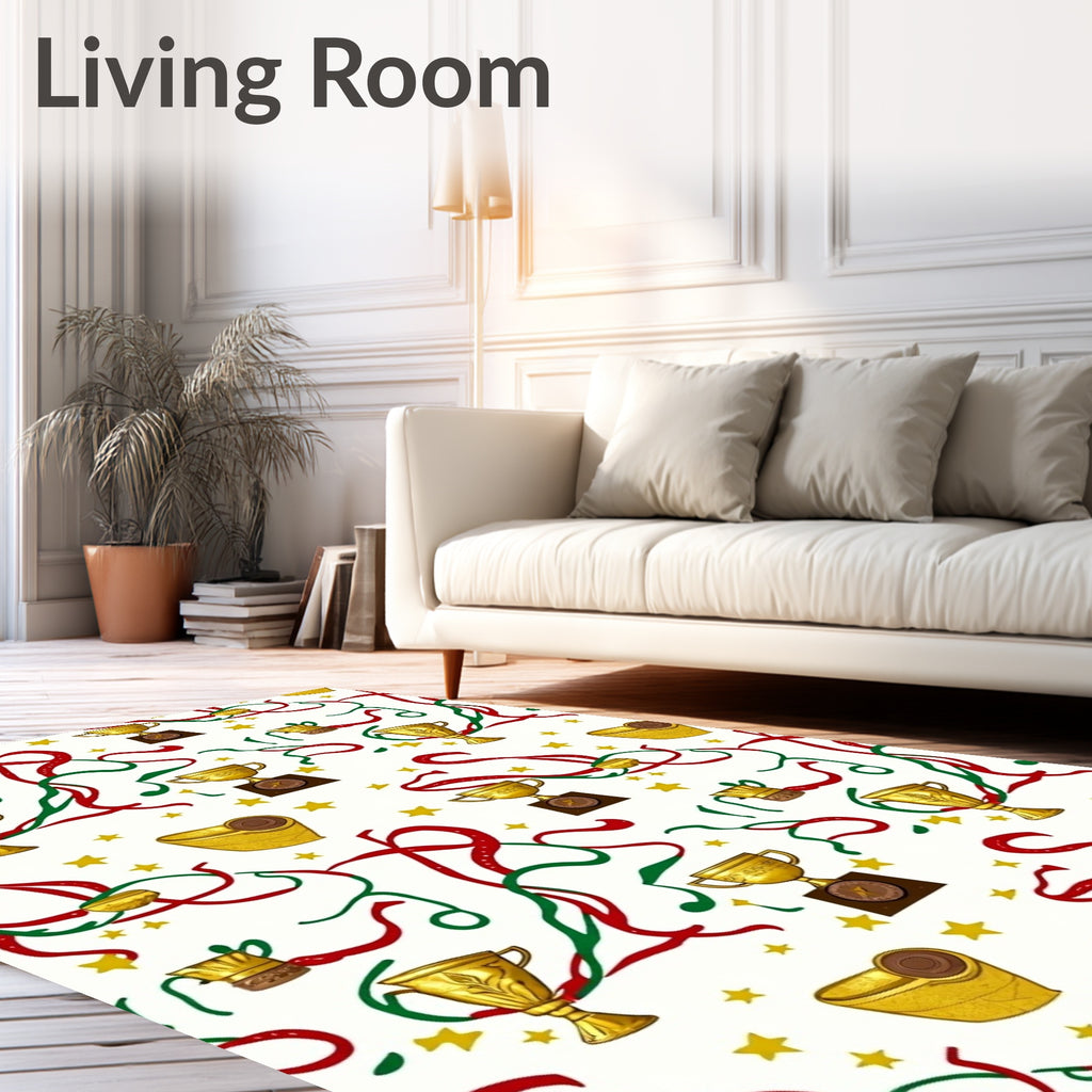 Golden Trophies Red Green Streamers Stars Rug