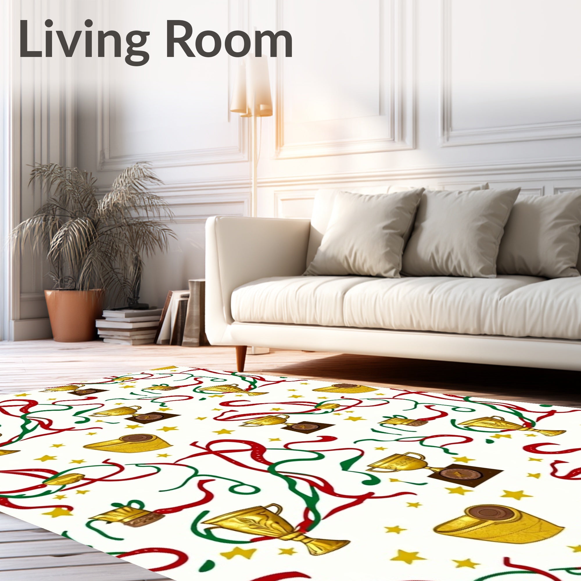 Golden Trophies Red Green Streamers Stars Rug