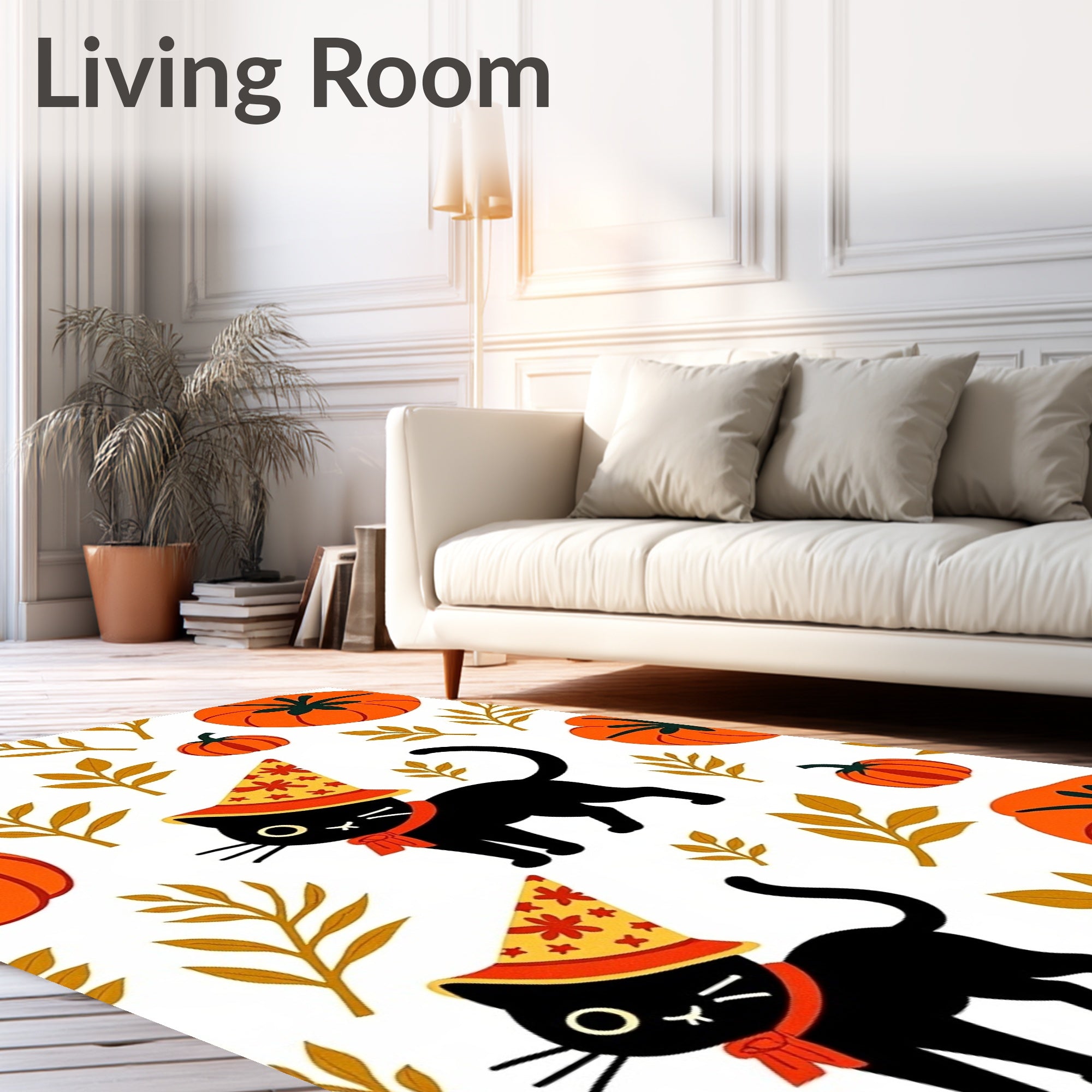 Whimsical Black Cats Orange Pumpkins Foliage Rug